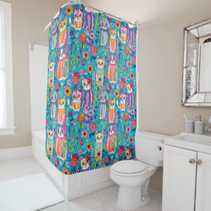 Colourful Cats and Flowers Whimsical  Shower Curtain