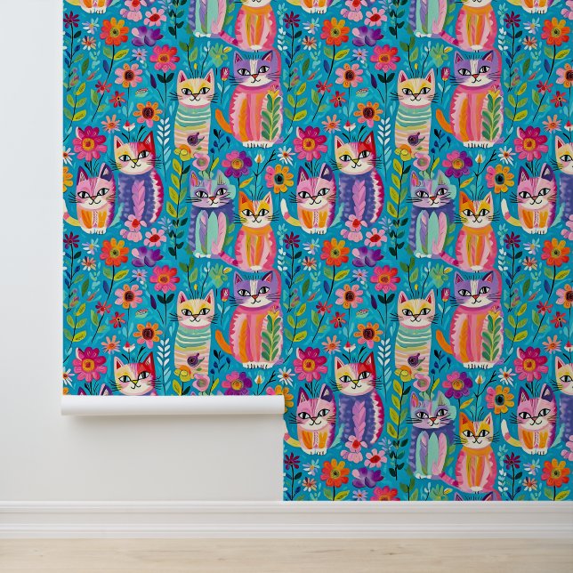 Colourful Cats and Flowers Whimsical  Wallpaper (Application)