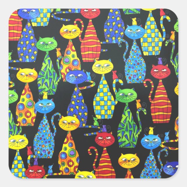 Colourful Cats and Mice Square Sticker (Front)