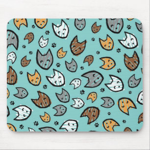 Colourful Cats and Paws Pattern on Teal Mouse Pad