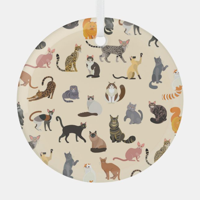 Colourful Cats: Different Breeds Pattern Glass Tree Decoration (Front)