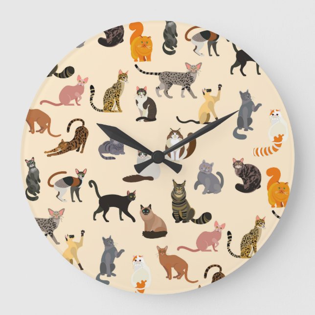 Colourful Cats: Different Breeds Pattern Large Clock (Front)