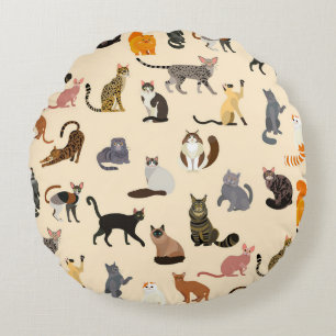 Colourful Cats: Different Breeds Pattern Round Cushion