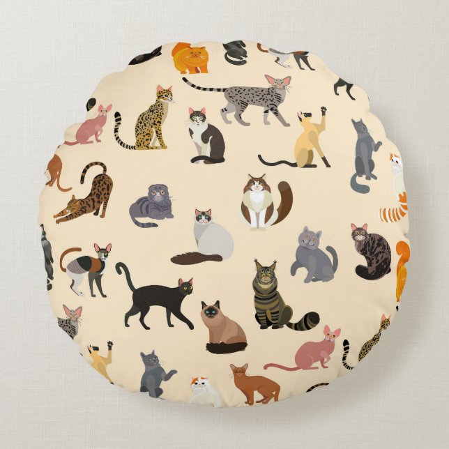 Colourful Cats: Different Breeds Pattern Round Cushion (Front)