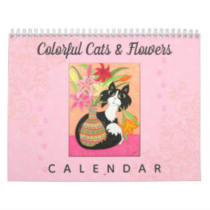 Colourful Cats Flowers Cute Girly Boho 2022 Art Calendar