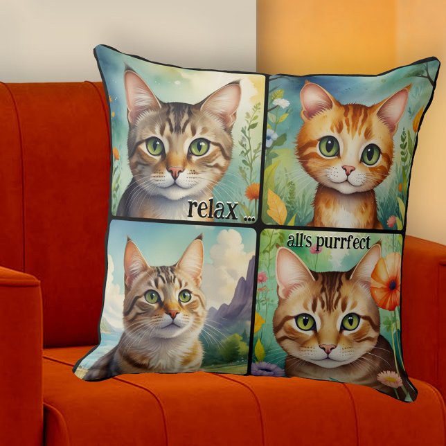 Colourful Cats Fun Artistic  Cushion (Pillow featuring 4 colorful paintings of beautiful cats. A cheerful addition to any space)