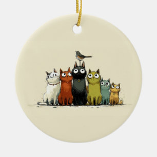 Colourful Cats Group – Cute Whimsical Cat Art Ceramic Ornament