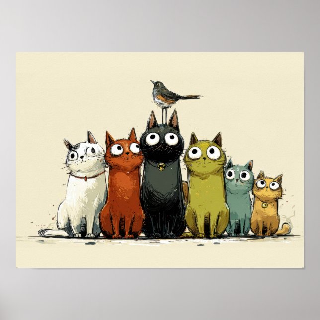 Colourful Cats Group – Cute Whimsical Cat Art Poster (Front)