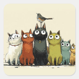 Colourful Cats Group – Cute Whimsical Cat Art Square Sticker