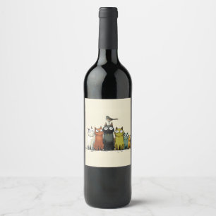 Colourful Cats Group – Cute Whimsical Cat Art Wine Label