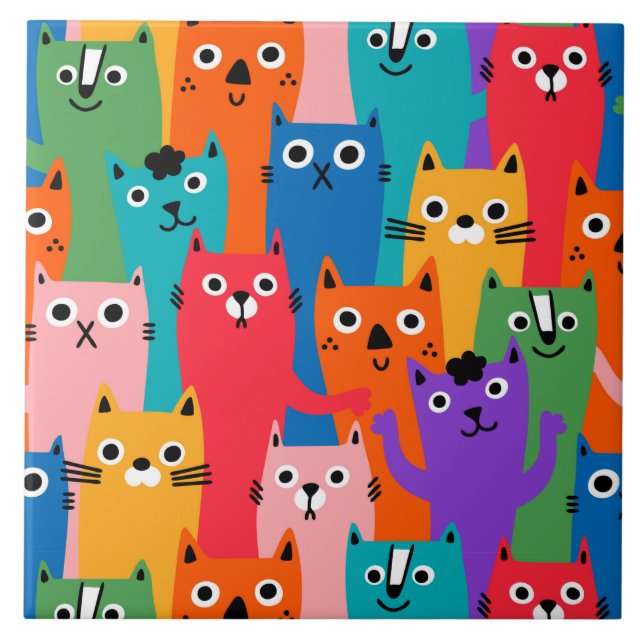Colourful cats pattern ceramic tile (Front)