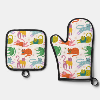 Colourful Cats Pattern Oven Mitt & Pot Holder Set