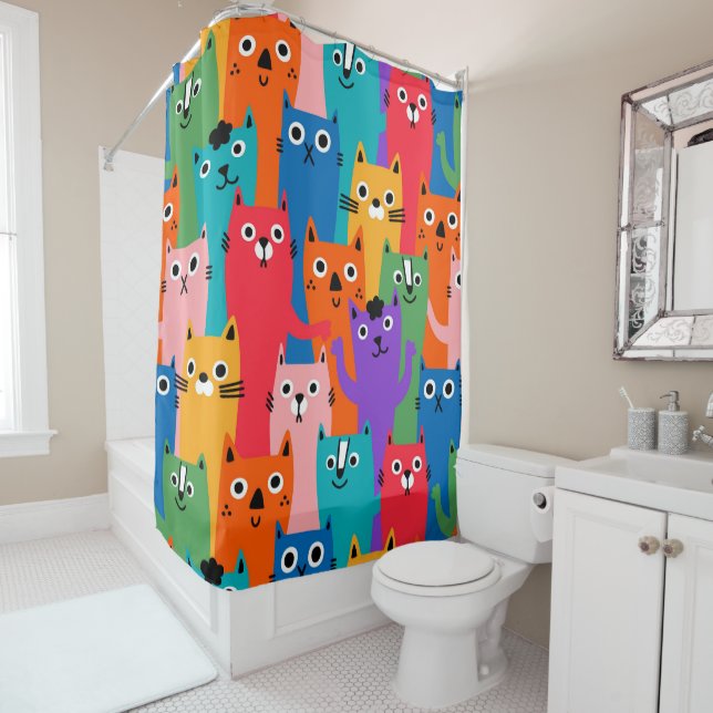 Colourful cats pattern shower curtain (In Situ)