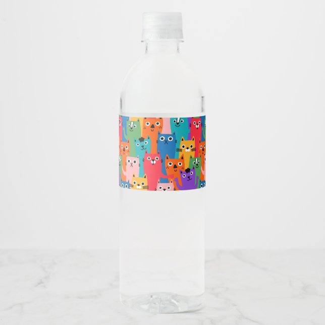Colourful cats pattern water bottle label (Front)