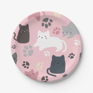 Colourful Cats Paws Pattern Pink Background Party Paper Plate