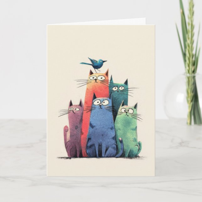 Colourful Cats Stack – Cute Whimsical Cat Art Card (Front)