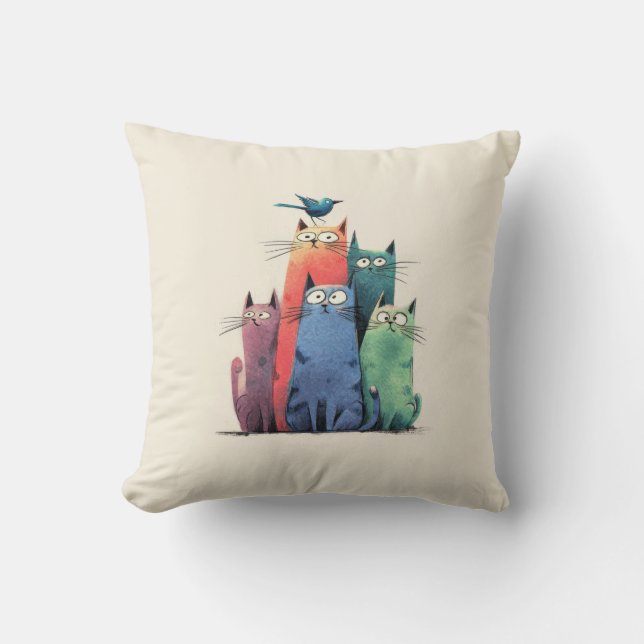 Colourful Cats Stack – Cute Whimsical Cat Art Cushion (Front)