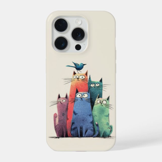 Colourful Cats Stack – Cute Whimsical Cat Art iPhone Case (Back)