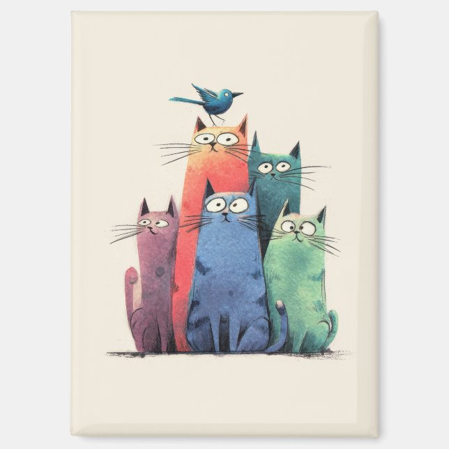 Colourful Cats Stack – Cute Whimsical Cat Art Magnet (Front)