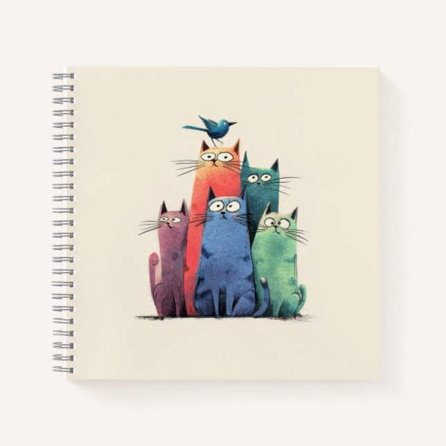Colourful Cats Stack – Cute Whimsical Cat Art Notebook (Front)