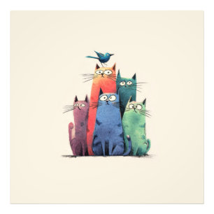 Colourful Cats Stack – Cute Whimsical Cat Art Photo Print