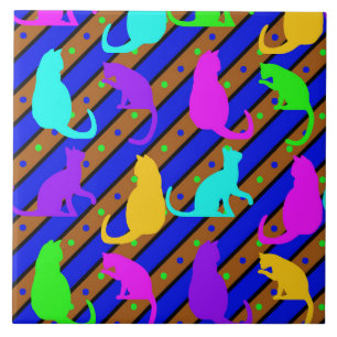Colourful Cats stripes and polkadots Animal art Ceramic Tile