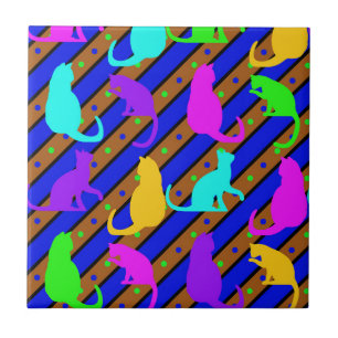 Colourful Cats stripes and polkadots Animal art Ceramic Tile