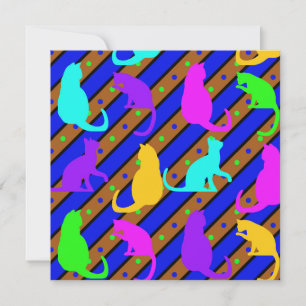 Colourful Cats stripes and polkadots Animal art Invitation