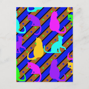 Colourful Cats stripes and polkadots Animal art Postcard