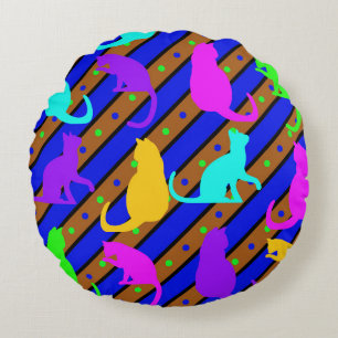 Colourful Cats stripes and polkadots Animal art Round Cushion