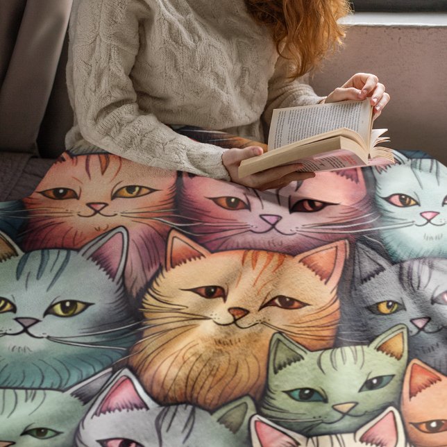 Colourful Cats Whimsical Doodle Sherpa Blanket (Cute, colorful and comfy, this super soft sherpa blanket is purr-fect for cuddling up with a book!)