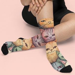 Colourful Cats Whimsical Doodle Socks