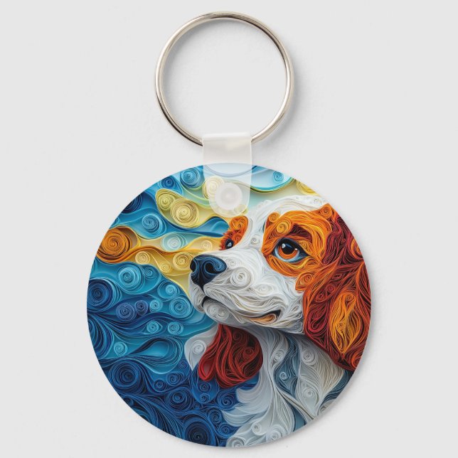 Colourful Cavalier King Charles Dog Portrait Key Ring (Front)