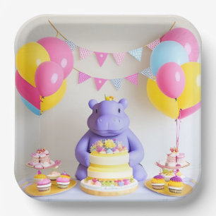 Colourful Celebration with Adorable Hippo Paper Plate