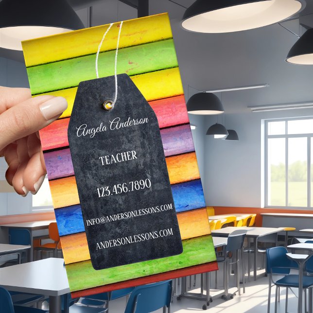 Colourful Chalk Blackboard Teacher Business Card (Teacher business card featuring a blackboard label on colorful crayons - elementary - first grade)