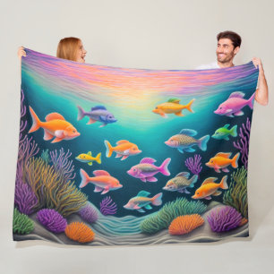 Colourful Chalk Drawing Fish Fleece Blanket