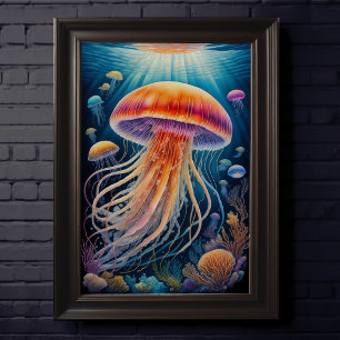 Colourful Chalk Drawing Jellyfish Poster