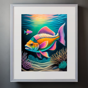 Colourful Chalk Drawing Reef Fish Pink Poster