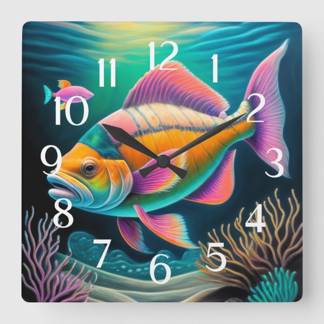 Colourful Chalk Drawing Reef Fish Pink Square Wall Clock (Front)