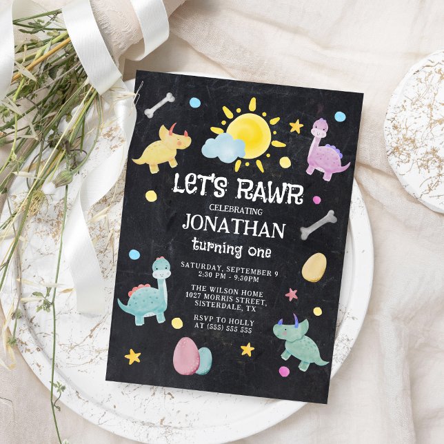 Colourful Chalkboard Dinosaur 1st Birthday Invitation (Creator Uploaded)