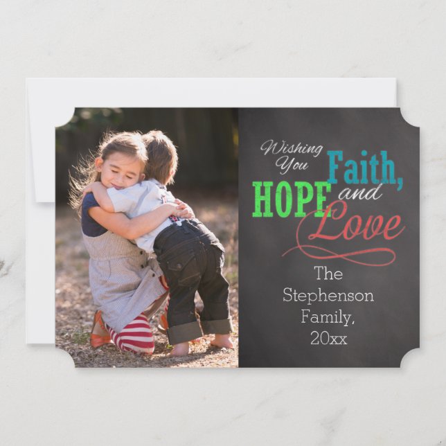 Colourful Chalkboard Faith, Hope and Love Photo Holiday Card (Front)