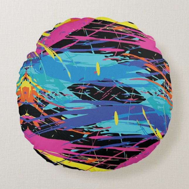 Colourful Chaos: Splashes and Lines Round Cushion (Front)