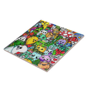 Colourful character doodle drawings ceramic tile