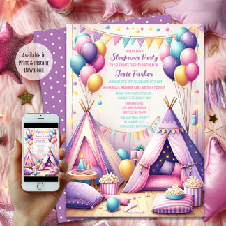 Colourful Charming Teepee Birthday Sleepover Party Invitation
