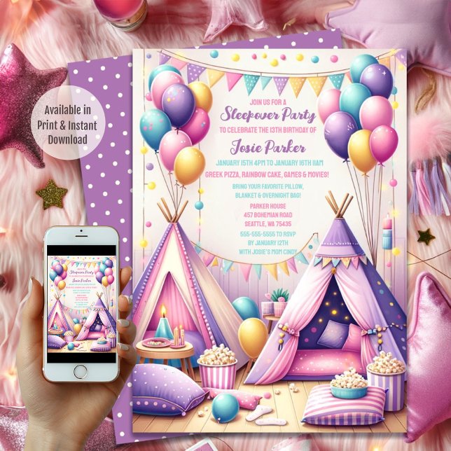 Colourful Charming Teepee Birthday Sleepover Party Invitation (Available in Print and Instant Download)