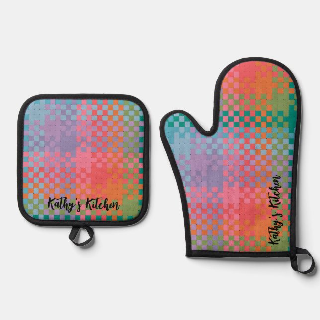 Colourful Checked Pattern Vibrant Fun Colours Oven Mitt & Pot Holder Set (Front)