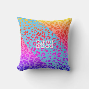 Colourful Cheetah Print Rainbow Initials Monogram Cushion