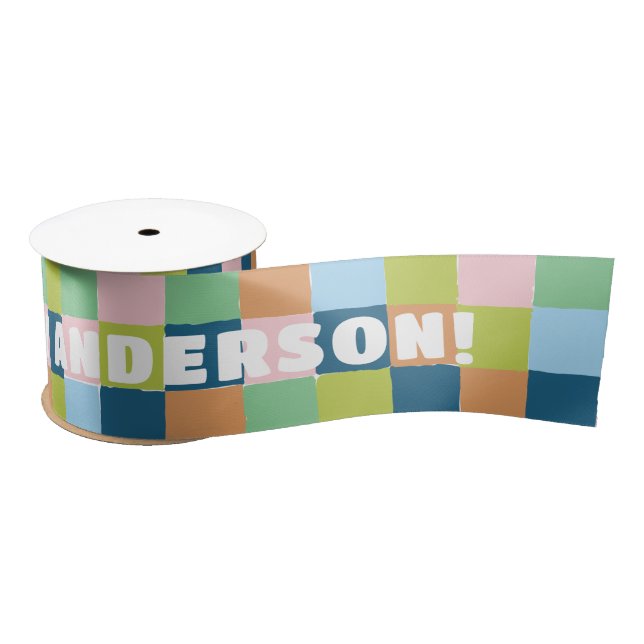 Colourful Chequerboard Blocks with Custom Text Satin Ribbon (Spool)
