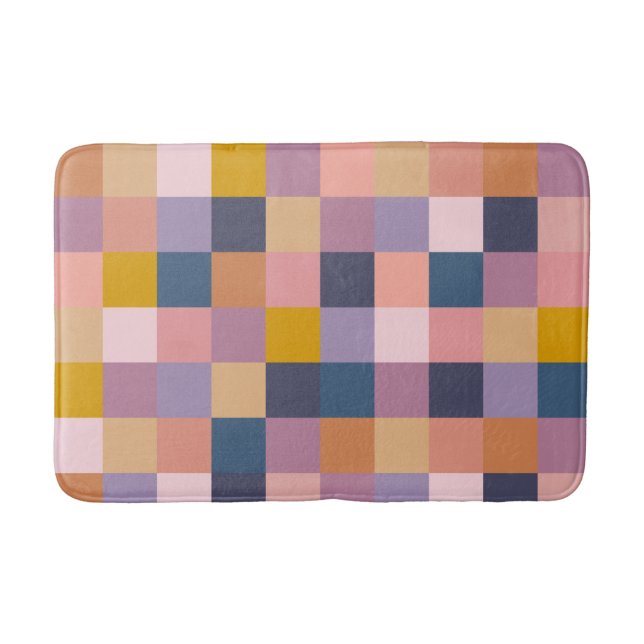 Colourful Chequerboard Geometric Earthy Purple Bath Mat (Front)