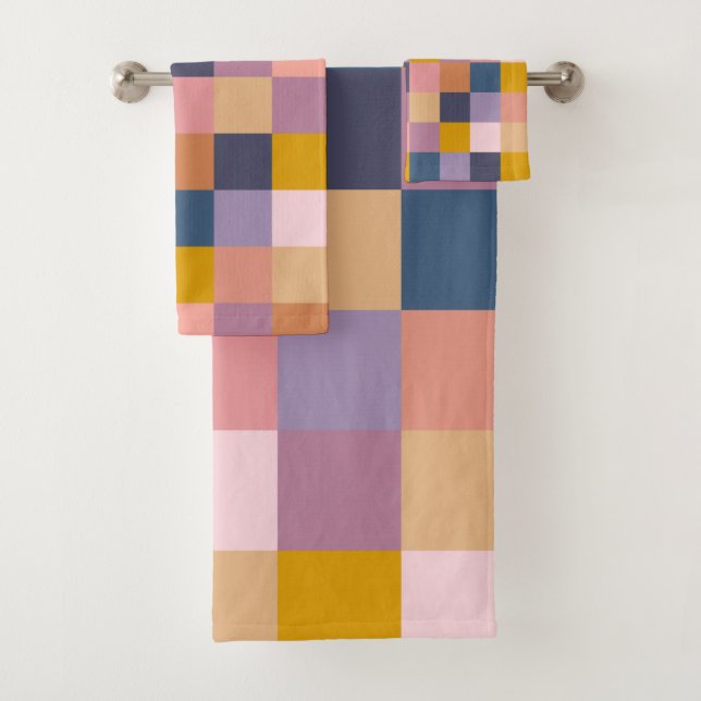 Colourful Chequerboard Geometric Earthy Purple Bath Towel Set (Insitu)